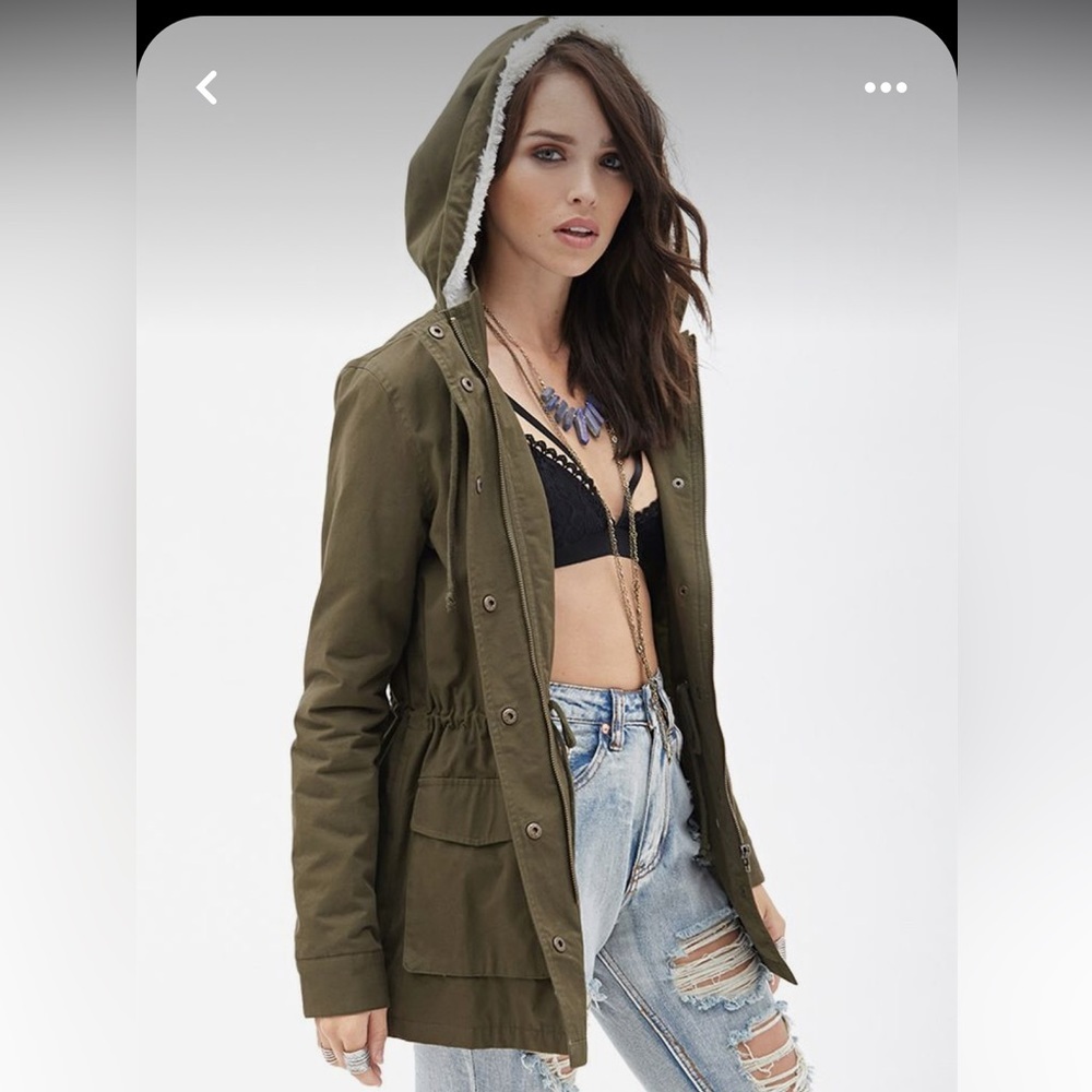 Forever‎ 21 Y2K Utility Jacket Shearling Hood Size S Olive Green